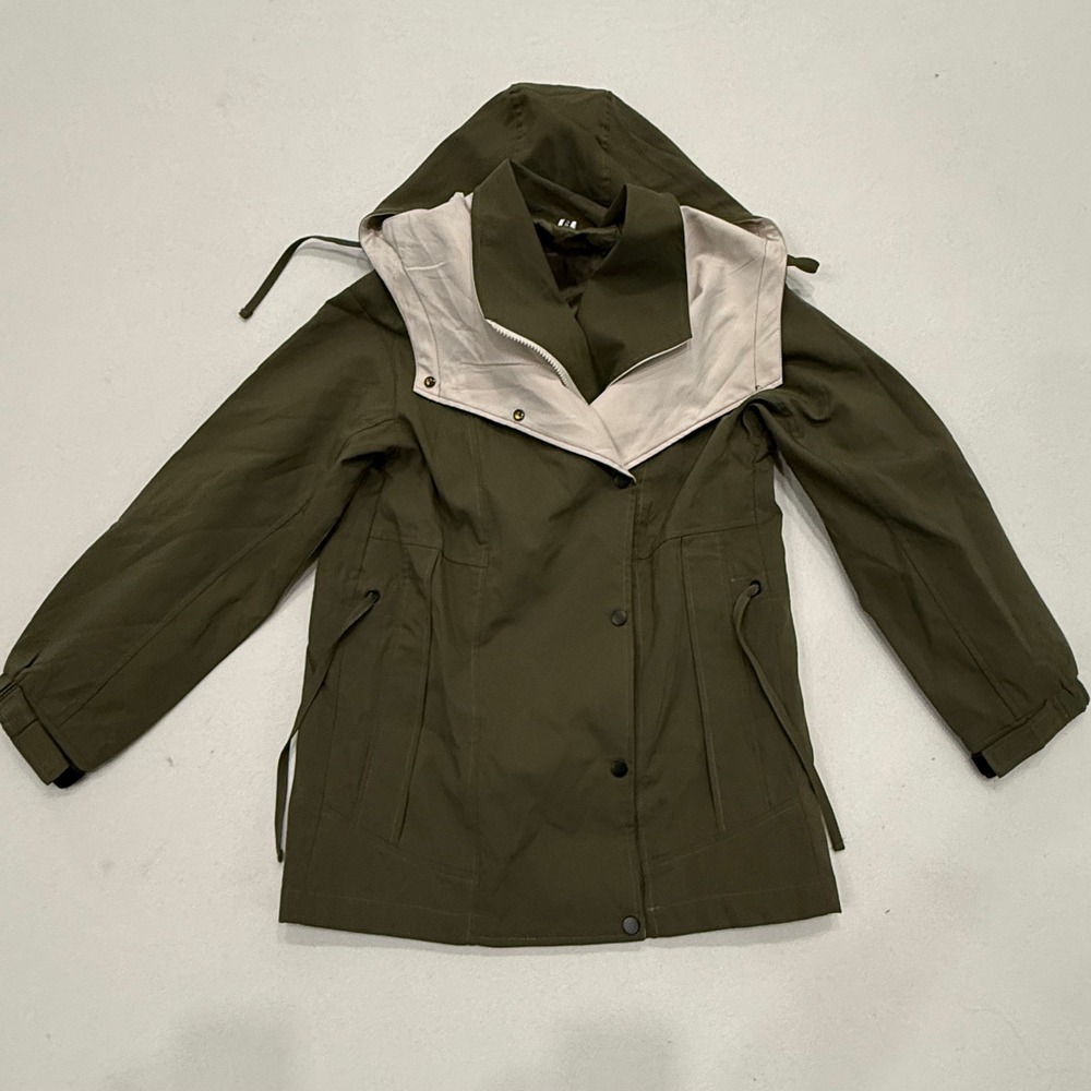 FENI Olive Green Hooded Utility Jacket Two Tone Cream Zip Panel Medium